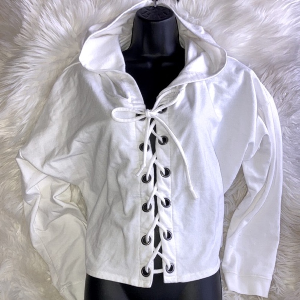 RUE White Lace Up Oversized Crop Sweatshirt Hoodie